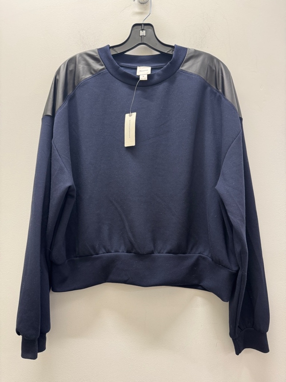 NWT Anthropologie Maeve Navy Faux Leather Trim Crewneck Sweatshirt Size M